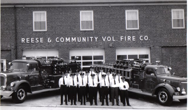 Members pose for a photo opportunity in front of the &quot;new&quot; station along RT 140.
Front row L to R:  Caple, Miller, Miller, Walsh, Armacost, Blizzard, Nickles
Center row L to R:  Bair, Bush, Lambert, Taylor, Bupp, Schaeffer
Back row L to R:  Mann Alexander, Russell, Spangler, Nickles